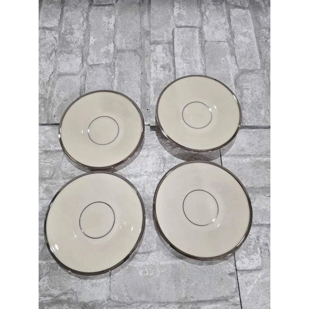 Lot of 4 Lenox Solitaire Tea Cup Saucers White Silver 6